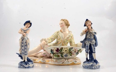 Staffordshire figural dessert dish and a pair of Continental figures.