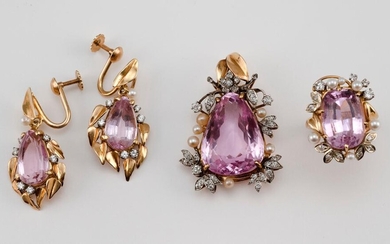 THREE-PIECE GOLD, PINK ZIRCON, DIAMOND AND CULTURED PEARL...