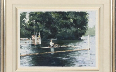 WATERCOLOR OF A SINGLE SCULLER ON A LAKE...