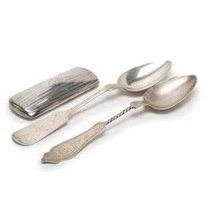 Sterling Silver Glasses Case and Coin Silver Serving Spoons