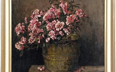 Still life with flowering plant in copper pot, 80x70 cm