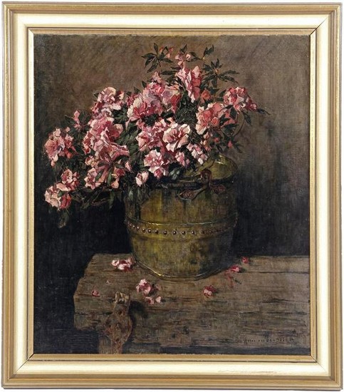 Still life with flowering plant in copper pot, 80x70 cm