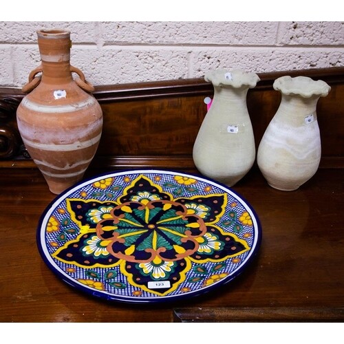 TERRACOTTA URN, 2 POTTERY VASES + COLOURFUL PLAQUE