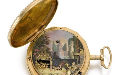 'THE GARDEN THEATRE' SWISS | A RARE GOLD, ENAMEL AND PEARL-SET QUARTER REPEATING AUTOMATON WATCH WITH CONCEALED EROTIC SCENE FOR THE CHINESE MARKET CIRCA 1800