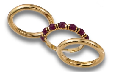 THREE GOLD AND RUBY CABOCHON RINGS