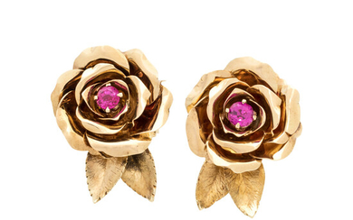 TIFFANY &amp; CO., YELLOW GOLD AND RUBY ROSE EARCLIPS
