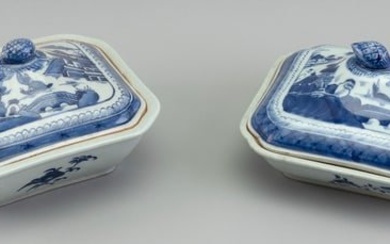 TWO BLUE AND WHITE CANTON PORCELAIN COVERED VEGETABLE DISHES 20th Century Heights 5.5". Lengths