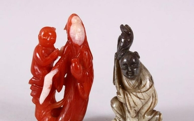 TWO CHINESE CARVED HARDSTONE FIGURES, the red carved