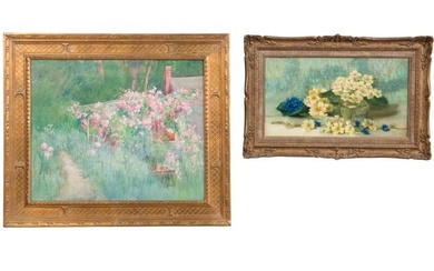 TWO FRAMED FLORAL WORKS, ONE O/C & ONE WC