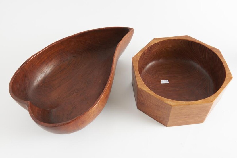 TWO RETRO TEAK BOWLS INCLUDING HEXAGONAL AND LEAF FORM, THE LARGEST 38 CM WIDE (IRREGULAR), LEONARD JOEL LOCAL DELIVERY SIZE: SMALL