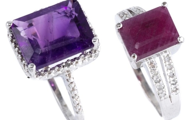 TWO SILVER DIAMOND AND GEMSET RINGS; set with emerald cut ruby of approx. 2ct and amethyst of approx. 5ct to single cut shoulder dia...