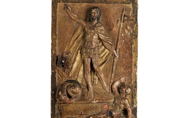 Tabernakeltüre mit vergoldetem Relief Auferstehung Christi – Rückseitig bemalt mit Christus am Kreuz mit Johannes und Maria