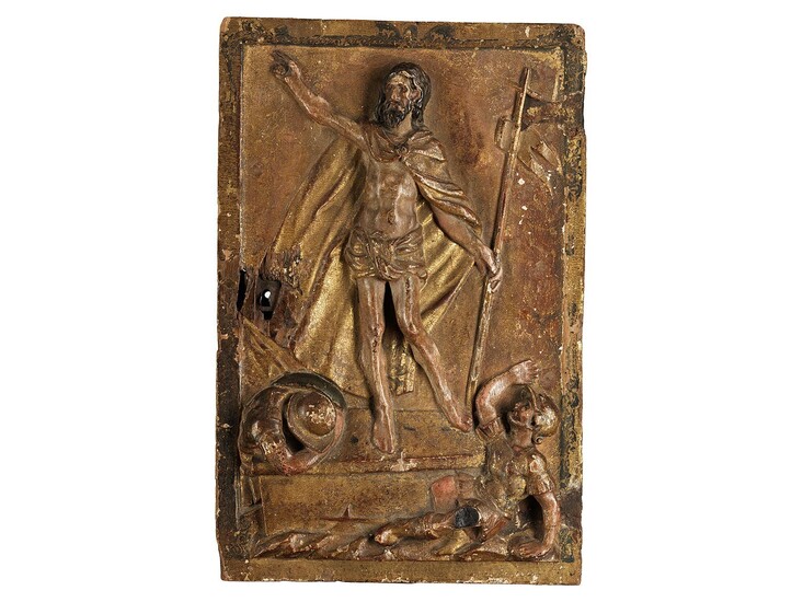 Tabernakeltüre mit vergoldetem Relief Auferstehung Christi – Rückseitig bemalt mit Christus am Kreuz mit Johannes und Maria