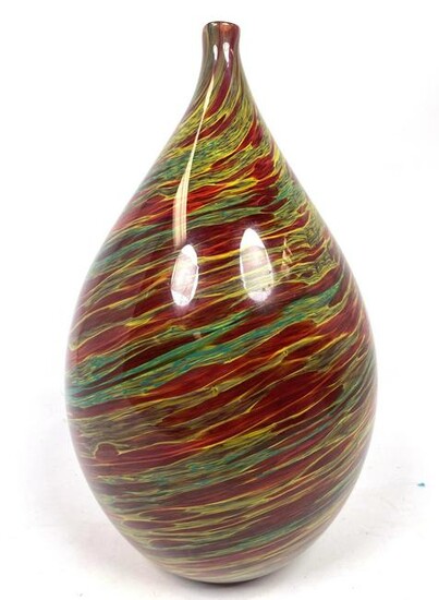 Teardrop form Vibrant Colored Art Glass Vase. Reds, yel