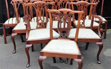 Ten Chippendale style mahogany dining chairs, with drop in...