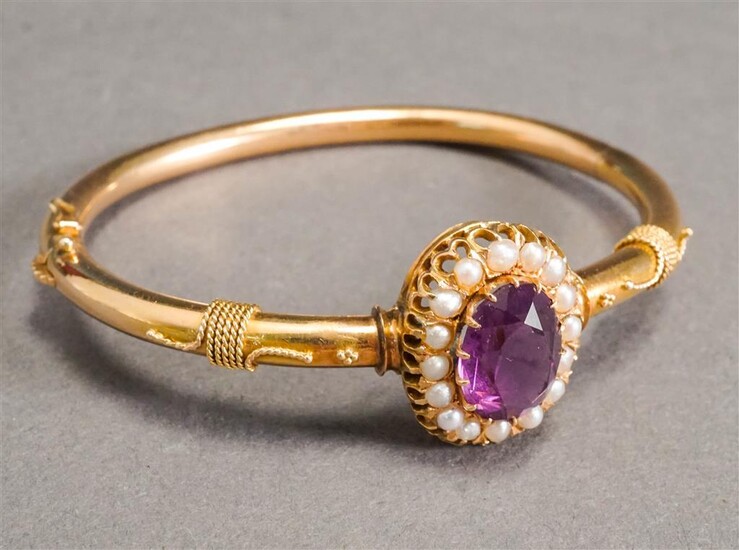 Tested 14-Karat Yellow-Gold, Amethyst and Pearl Bangle Bracelet, 8.4 gross dwt., L approx: 6-3/8 in