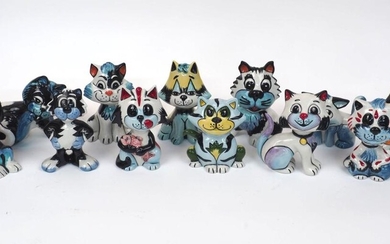 A quantity of Lorna Bailey pottery cats, 20th century and later, with general blue colour way, artist signature to bases, tallest 14cm high (13)