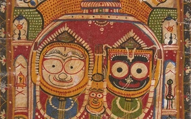 The triad of Jagannath-Subhadra -Balabhadra in the Puri temple, Puri, India, 20th century, Puri, 20th century, 37 x 29.5 cm Provenance: Private collection, Germany acquired in Puri, India in 1981