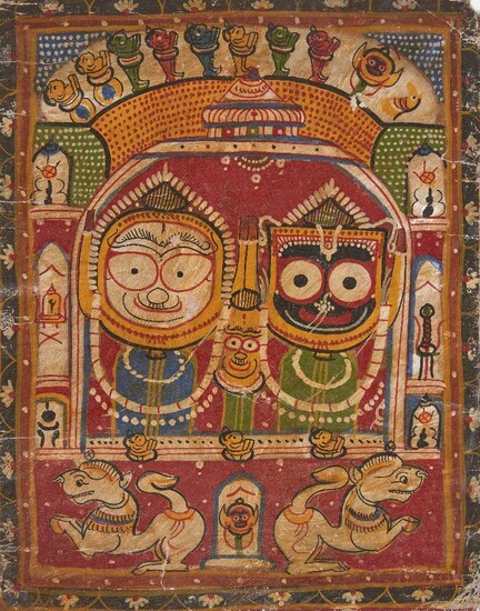 The triad of Jagannath-Subhadra -Balabhadra in the Puri temple, Puri, India, 20th century, Puri, 20th century, 37 x 29.5 cm Provenance: Private collection, Germany acquired in Puri, India in 1981