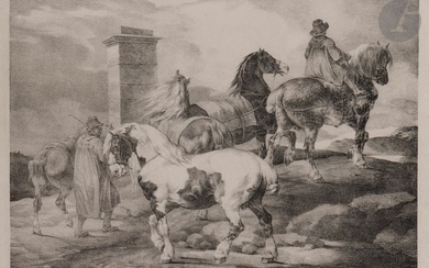 Théodore Géricault (1791-1824) Horses going to a Fair. (Pl. de la Série anglaise). 1821. Lithographie....