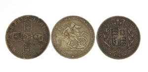 Three British silver crowns comprising William III 1696, Geo...