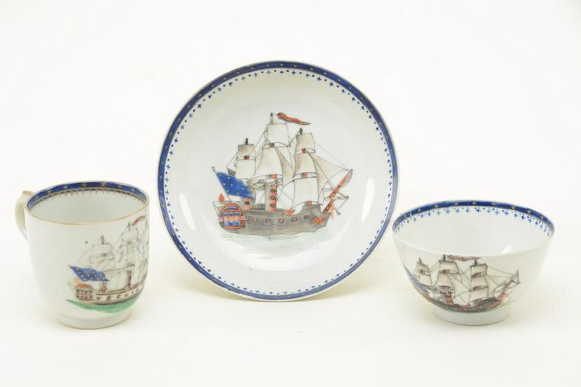 Three Chinese Export porcelain ship decorated items