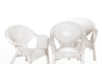Three Victorian Style White-Painted Wicker Armchairs, Early 20th Century