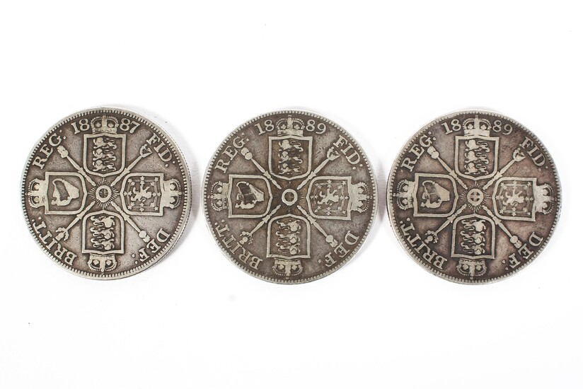 Three Victorian silver double Florin's, two dated 1889, the third 1887