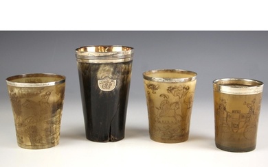 Three early 19th century engraved horn cups, the tapered cup...