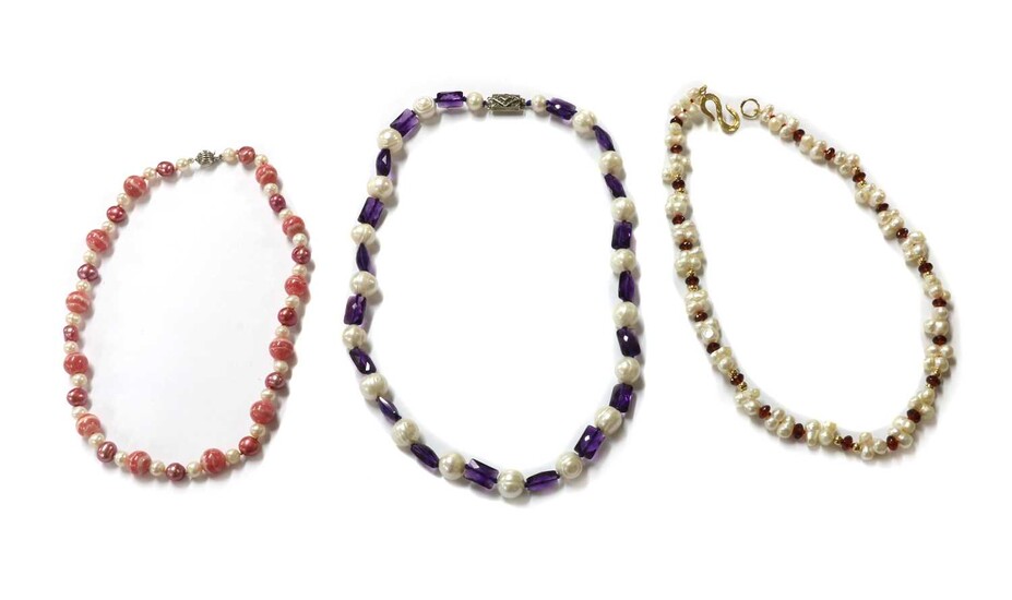 Three gemstone and cultured freshwater pearl necklaces