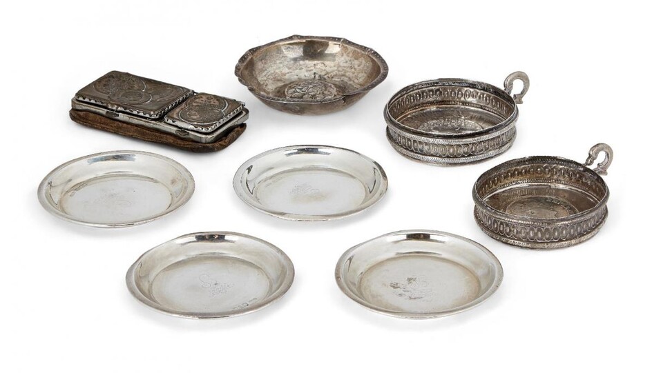 Three silver pin dishes, Chester, c.1909, Stokes & Ireland, together with a matching example by the same maker, London, c.1908, each engraved with initial and crown, 8cm dia., together with a small silver bowl with repousse flower centre; two...