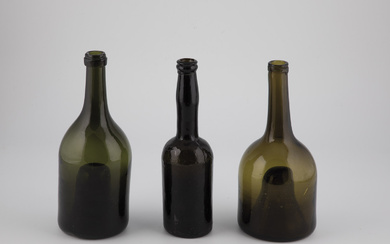 Three wine bottles, e.g. Belgium, E. 18th / A. 19th century, Green and brown gla...