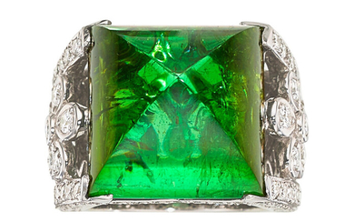 Tourmaline, Diamond, White Gold Ring Stones: Sugarloaf green tourmaline...