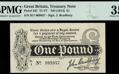 Treasury Series, John Bradbury, first issue £1, ND (7 August 1914), serial number H/1 009957, (...