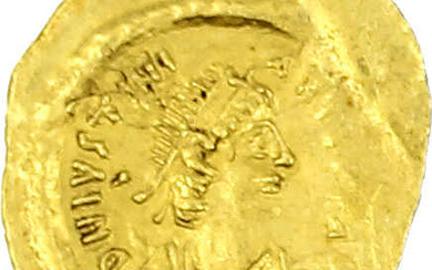Tremissis 527/565, Constantinopel. Herrscherbüste mit Diadem n.r./Victoria mit Kranz und...