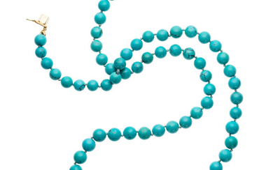 Turquoise, Gold Necklace The necklace features turquoise beads measuring...