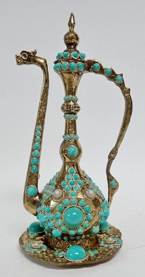 Turquoise Mounted Brass Ewer And Under-Tray Set
