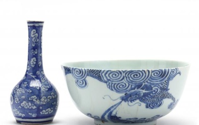 Two Blue and White Porcelain Dragon Bowl and Vase