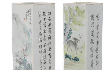 Two Chinese enamelled porcelain vases, qianjiang, painted with rams, mountainous landscapes and...