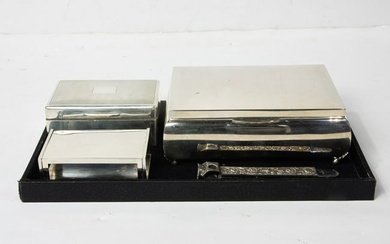 Two Dutch or English sterling silver boxes, large match box cover and cigar cutter