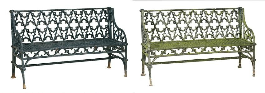 Two Gothic Revival Cast Iron Garden Benches