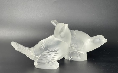 Two LALIQUE France Frosted Crystal Sparrow Sculpture Signed