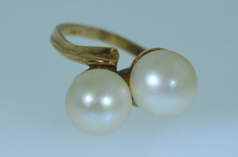 Two Stone Pearl Ring in 14 Karat Yellow Gold