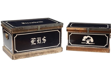 Two Vintage Metal-Mounted Wood Tack Boxes