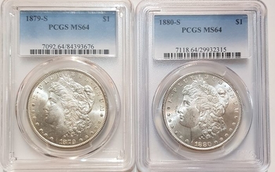 United States - 2x Dollars(Morgan) 1879-S + 1880-S (San Francisco) in PCGS Slabs - Silver