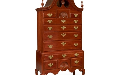 VERY FINE AND RARE QUEEN ANNE CARVED CHERRYWOOD BONNET-TOP HIGH CHEST OF DRAWERS, POSSIBLY GLASTONBURY, CONNECTICUT, CIRCA 1760