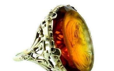 VICTORIAN 14k White Gold & Carved Citrine Cameo Ring