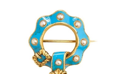 VICTORIAN, GOLD, ENAMEL AND HALF-PEARL BROOCH, 1880s