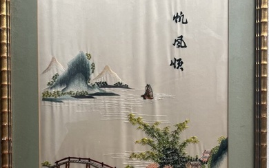 VINTAGE LARGE CHINESE SILK WALL ART HAND MADE EMBROIDERED FRAMED AND MATTED