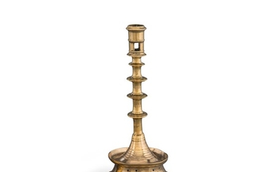 Very Fine and Rare Northwestern European Cast Brass Four-Knop Pierced Circular-Based Candlestick, 15th Century